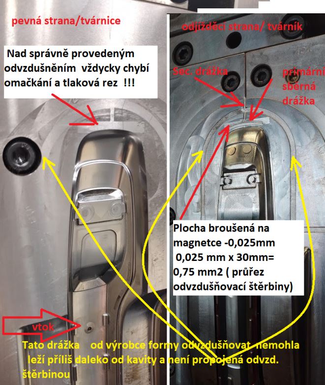  správně provedené a funkční odvzdušnění je vidět na  dělící rovině jako absence tlakovbé rzi a omačkání