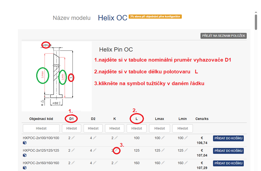 objednání HelixPin vyhledání polotovaru