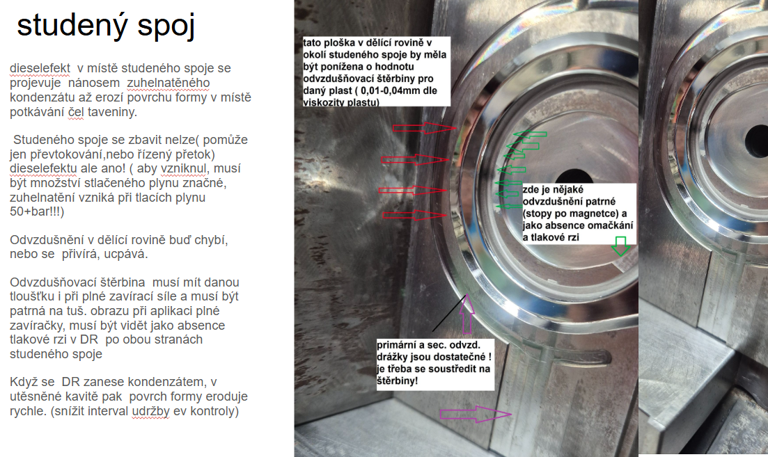 nedostatečné odvzdušnění v místě studeného spoje způsobuje erozi leštěné plochy ( zdroj Troubleshooting HelixPin)