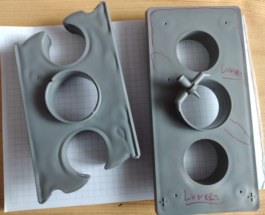  lunkry v tlustostěném výlisku poznáte po zahřátí horkovzdušnou pistolí a nikdy se jich nezbavíte odvzdušněním  (zdroj Troubleshooting HelixPin)